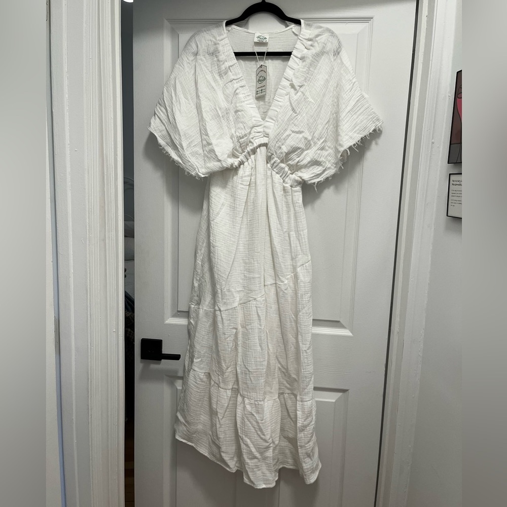 Very J White Midi Dress with Elastic Neck and Dolman Sleeves